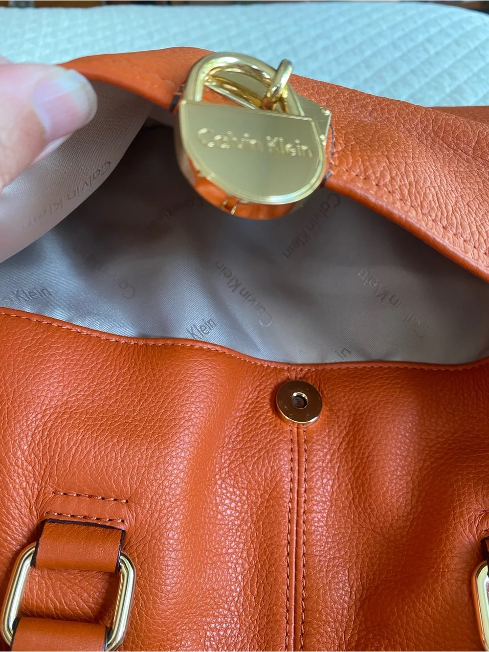 Calvin Klein Burt Orange Leather Satchel Tote Removable Strap Classic Bag Autumn
